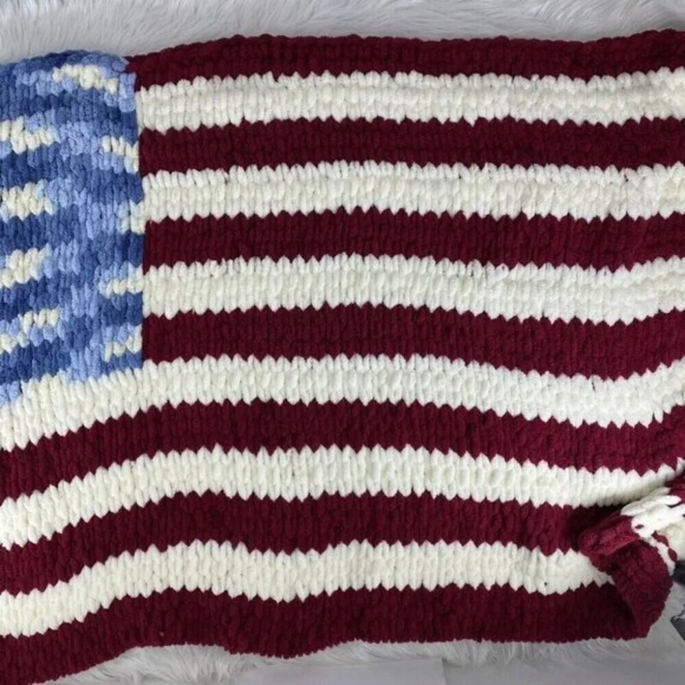 Handmade Chunky Knit American Flag Blanket Chenille Patriotic‎ USA Throw NEW